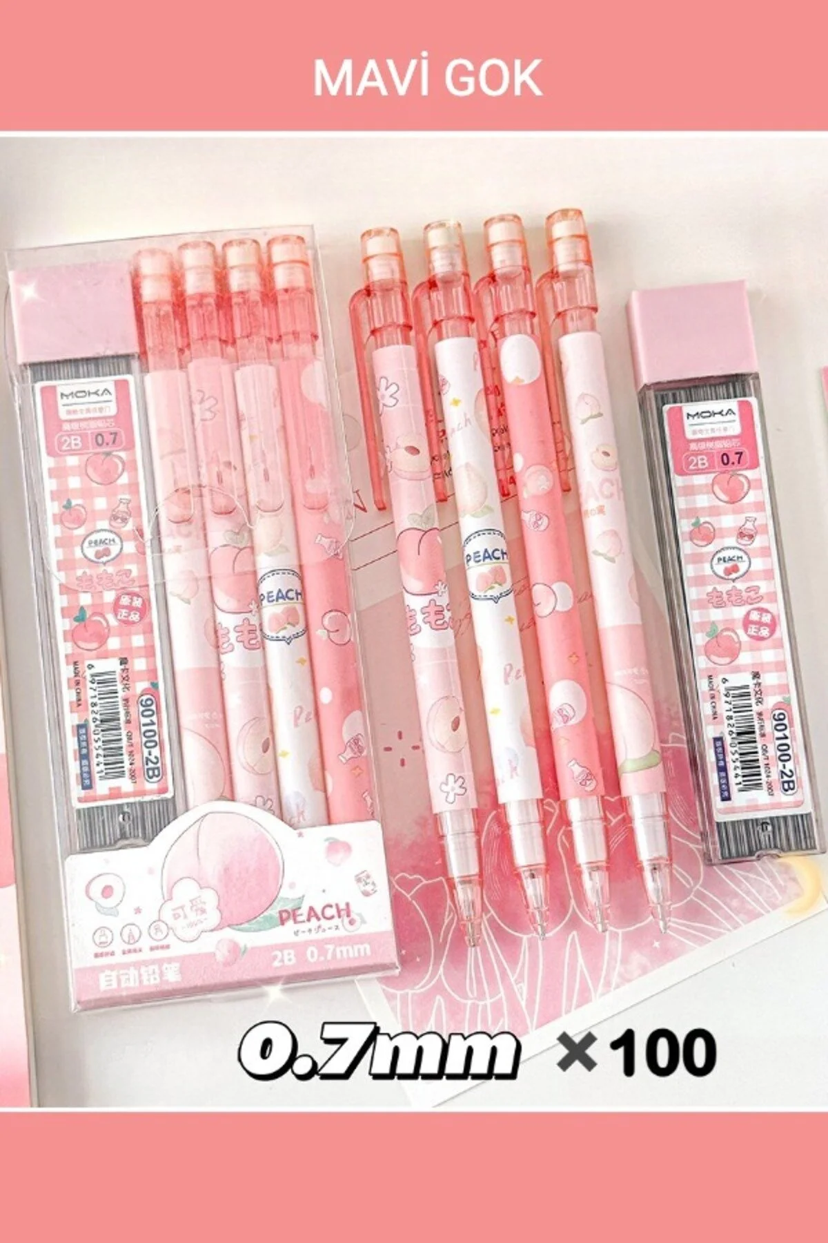 Kawai Şeftali Uçlu Kalem 2b 0,7mm 4 Adet Uçlu Kalem+1 Kutu Uç Şeftali - Pembe