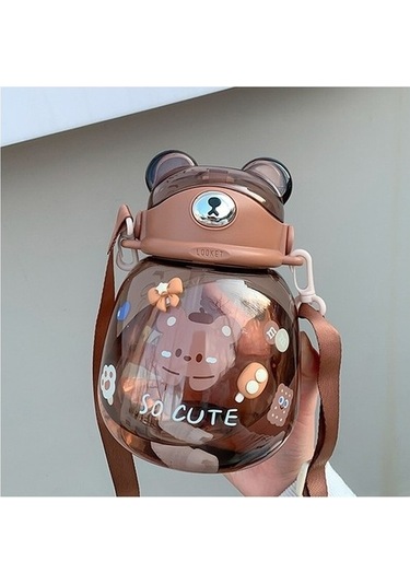 Shun Shop Sevimli Ayı Su Şişesi Plastik Büyük Kapasiteli Uu6ccv Koyu Kahverengi