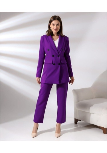 Kadın Kruvaze Blazer Ceket Pamuklu Atlak Kumaş Pantolon Takım Elbise Mor Mor