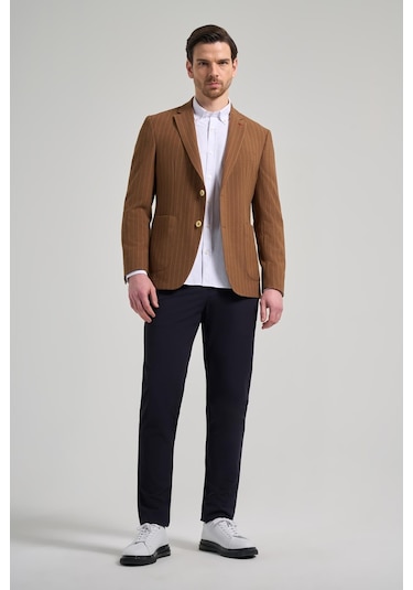 Çizgili Desen Gofreli Mono Yaka Esnek 6 Drop Slim Fit Ceket 1002250122 Taba