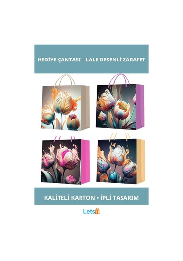 Büyük Boy Lale Desenli Şık Karton Hediye Çantası 26x32 Cm