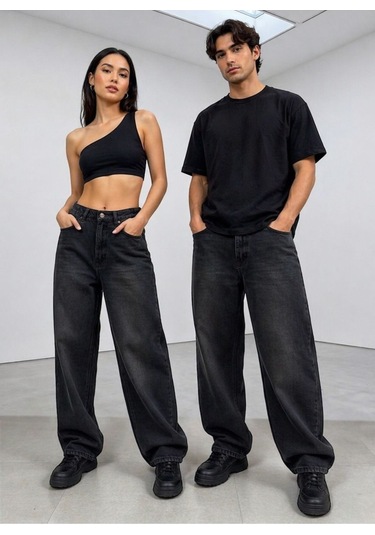 St.poll Eskitme Lacivert Yıkama Unisex Baggy Jeans Pantolon