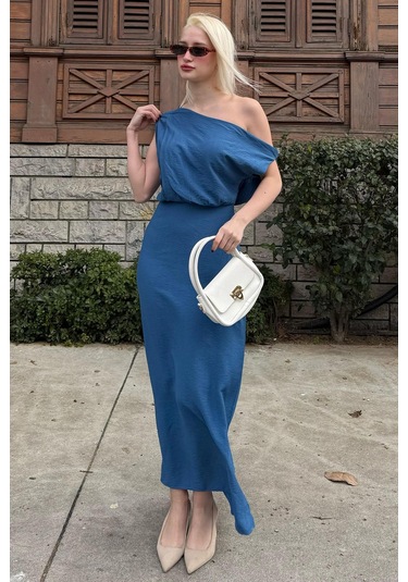 Madmext Madmext İndigo Düşük Omuz Elbise Mg2349 Indigo