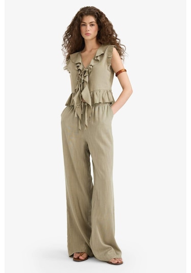 Defacto Wide Leg Çift Cepli Normal Bel Standart Boy Pantolon D1009ax25spkh459 Haki