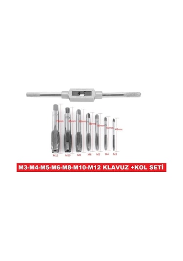 Klavuz Açma Seti+kol M3-m4-m5-m6-m8-m10-m12 Metrik Diş Açma Klavuzları