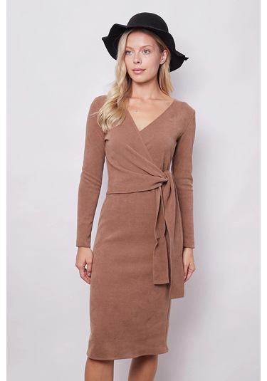Kadın Hafif Likralı Triko Kruvaze Anvelop Bağcıklı Uzun Kol Diz Altı Uzun Elbise-camel Camel