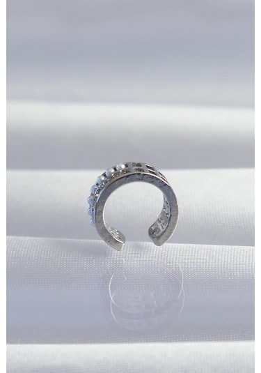 Pirinç Gümüş Renk İncili Baget Taşlı Earcuff Küpe Gold