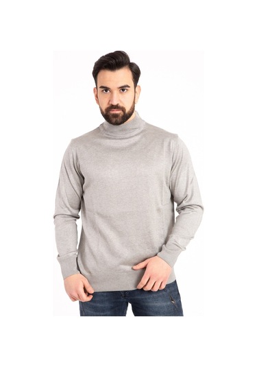 Nacar Store Erkek Ince Yün Yarım Boğazlı Triko Kazak Gri