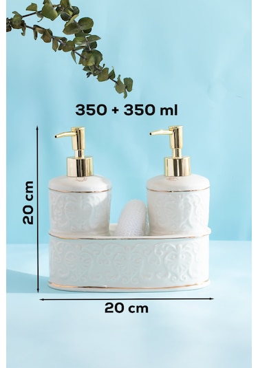 Porsima 3116 Gold Kapaklı Porselen Süngerli 2li Sıvı Sabunluk Beyaz 350+350 Ml Altın - Beyaz