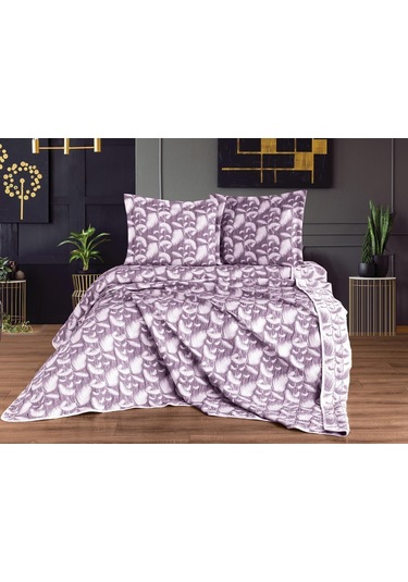 Çeyiz Diyarı Çift Kişilik Palmiye Çift Taraflı Yatak Örtüsü Takımı Mürdüm Mürdüm