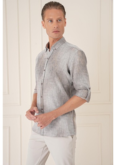 Efor Comfort Fit Batik Desen %100 Keten Bej Gömlek G 1571 Bej