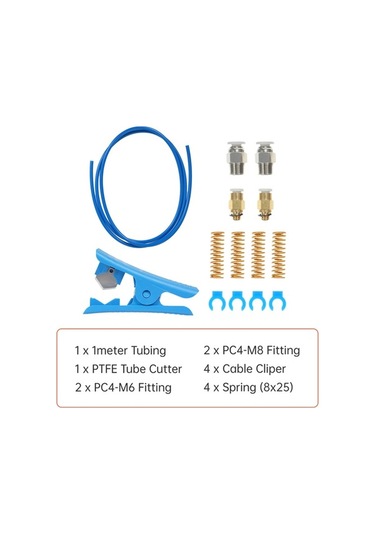 Fortunelane Kreality Ender 3/5 Cr-10 Serisi Uyumlu 1m Mavi Ptfe Boru + Kesici + M6/m8 Bağlantılar + Yaylar + Kablolu Klempler 3d