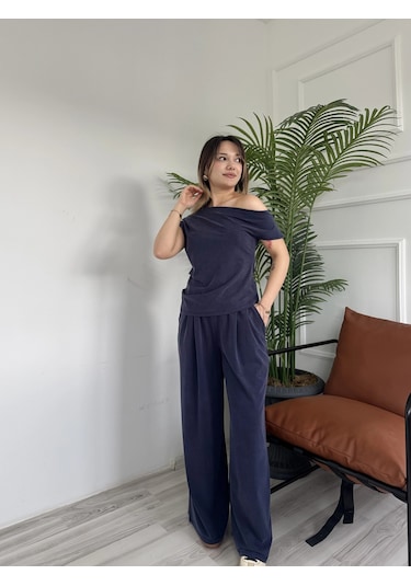 Keymoda Kadın Sion Kayık Yaka Bluz Pantolon Takım Lacivert