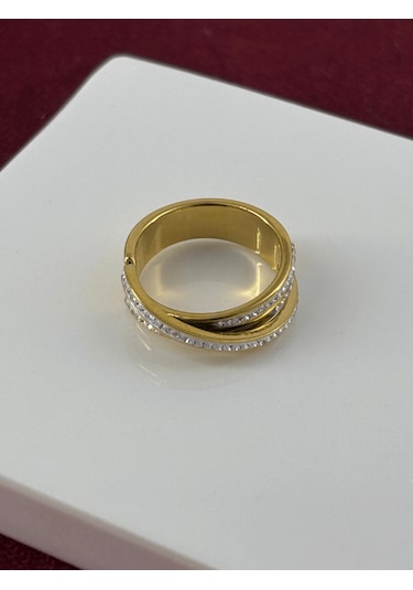 Çapraz Küçük Sıralı Taşlı Gold Yüzük Gold