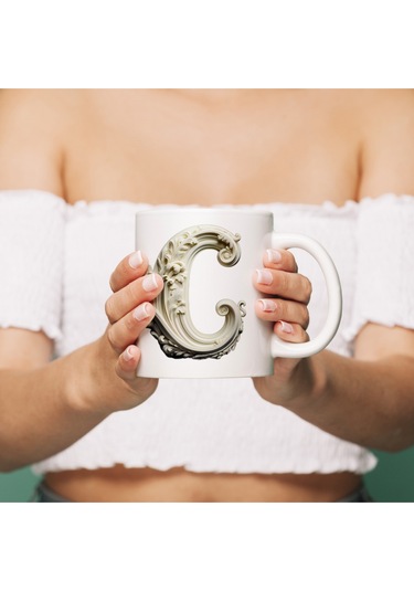 C Harfi Bardak, Monogram 330 Ml Barok Oymalı Görünüm Beyaz