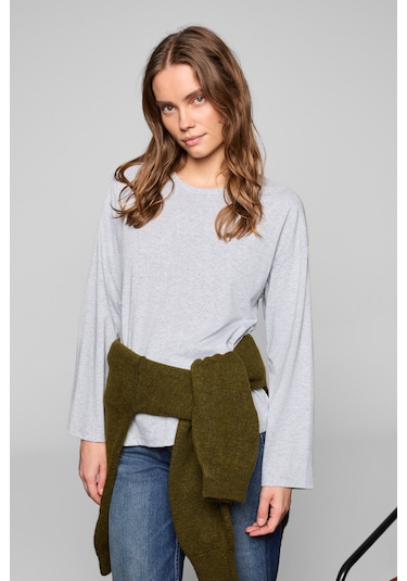 Grımelange Basıl Kadını Oversize %100 Organik Pamuk Örme Uzun Kol Grimelanj T-shirt Gri Melanj