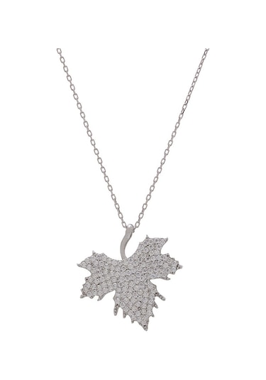 Çınar Yaprağı Model Zirkon Taşlı 925 Ayar Gümüş Kadın Kolye Gümüş - Rodyum