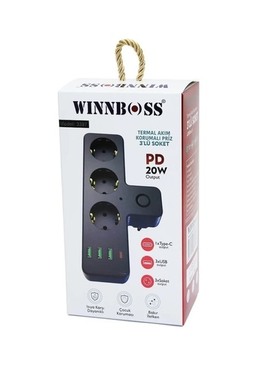 Wınboss Akım Korumalı 3 X Usb 1 X Type-c Girişli 3'lü Priz Uzatma Kablosu Kablosuz