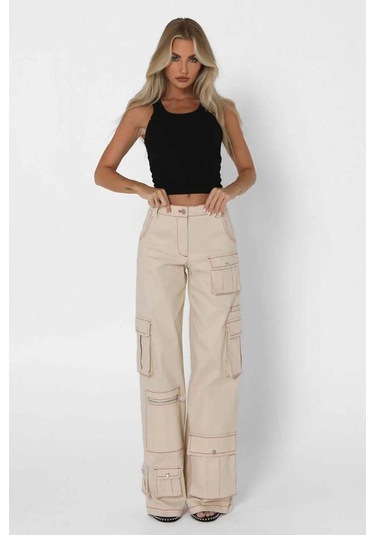 By Dyln Tyler Low Waisted Cargo Pants - Rahat Fit, Çeşitli Cepler Ve Kontrast Dikiş Doğal