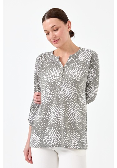 Kadın Yakası Patlı İki Renkli Penye Bluz Haki Haki