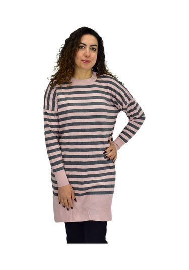 Kadın Çizgili Oversize Kazak Bgl-st04083 Pudra