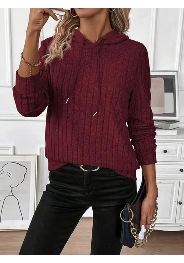 Sensuelle Kadın Uzun Kollu Kapşonlu Bağcıklı Şardonlu Kaşkorse Bluz Bordo