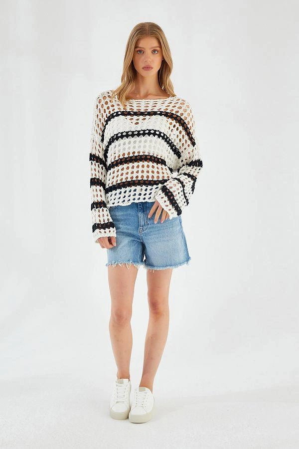 6877 Kadın Çizgili Ajurlu Kayık Yaka Triko Kazak Ekru Ekru