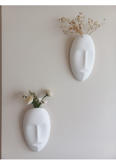 Dekoratif 2'li Yüz Duvar Vazosu, Duvar Süsü ,heykel Aksesuar Beyaz