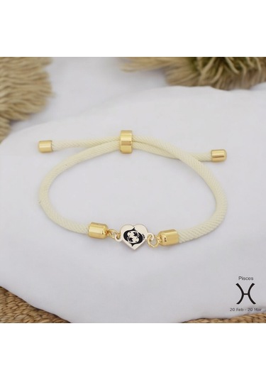 Archin Balık Burçlarına Özel 14 Ayar Altın Plakalı Beyaz Örgülü Kalp Figürlü Hediye Bileklik-478burç Balık