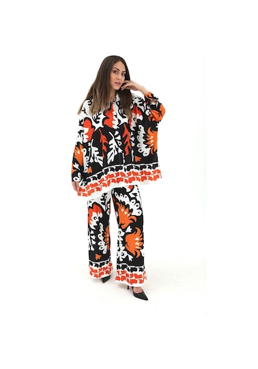 Yanı Yırtmaçlı Lale Desen Jessica Kumaş Takım - Siyah-siyah Siyah