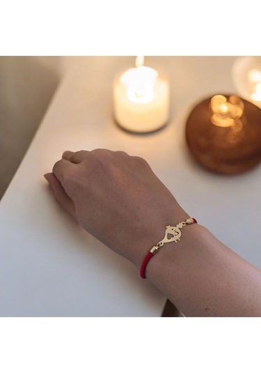 Archin S Harfine Özel Minik Kuş Motifli Kırmızı Örgülü 14 Ayar Altın Plakalı Hediye Bileklik-363harf S