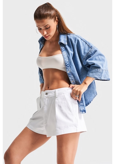 Itsbasic Kadın Beyaz Renk 5s5-2 Mini Boy Pileli %100 Koton Denim Şort