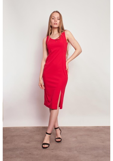 Likralı Krep Kumaş Ön Arka V Yaka Kolsuz Önden Yırtmaçlı Diz Altı Elbise-fujya Fujya