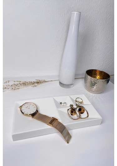 Beton Geometrik Takı Organizer Yüzük, Kolye, Küpe Ve Saat Düzenleyici Dekoratif Tepsi Beyaz