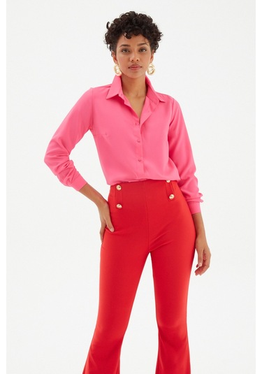 Sateen Düz Klasik Gömlek - Fuşya