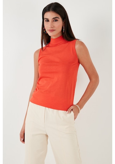 Lela Pamuklu Kolsuz Dik Yaka Bayan T Shirt 5865710 Nar Çiçeği