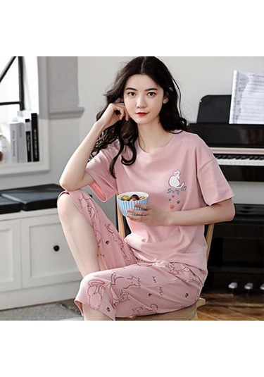 Pembe Salon Pijama O-boyun Uyku Nefes Kızlar Yaz Karikatür Baskı T-shirt Mahsul Pantolon Seti Günlük Giyim Pembe