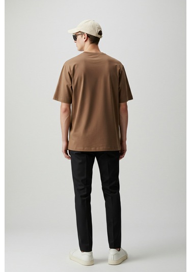 Erkek Oversize Basic Tişört Unisex %100 Pamuk Rahat Kalıp Erkek Tam Oversize Tişört Kahverengi