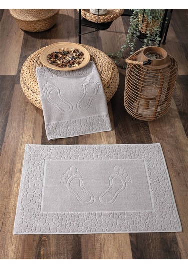 2'li Ayak İzli Ayak Havlusu Seti - %100 Pamuk Havlu Takımı Gri