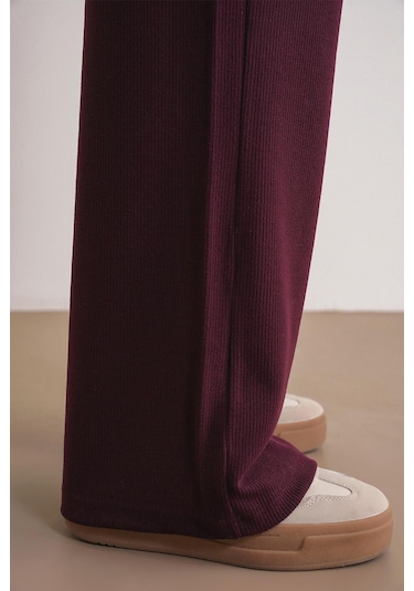 4757 Kadın Lastikli Bol Paça Örme Dökümlü Selanik Pantalon Mürdüm Mürdüm