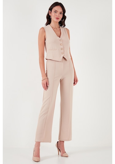 Lela Streç Fitted Fit V Yaka Düğmeli Bayan Yelek 5865971 Taş