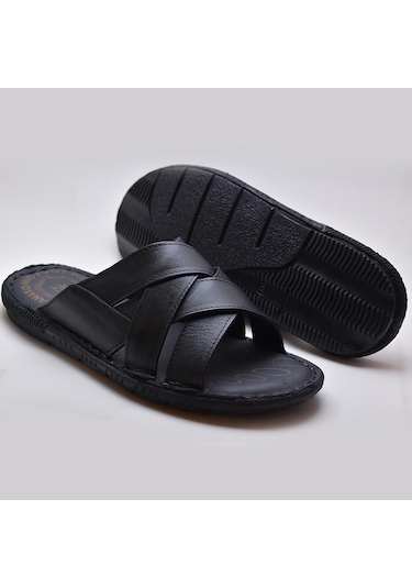 Ayakkabiburada 034 Günlük Tam Ortopedik Hakiki Deri Erkek Terlik Puff Taban Siyah