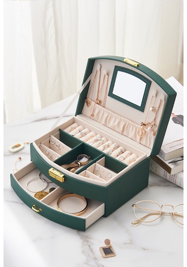 Yystore Takı Saklama Kutusu Çift Çekmeceli Tip Koyu Yeşil