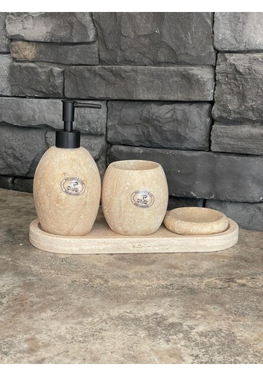 Bej Traverten Oval Model 4,lü Banyo Seti Beyaz