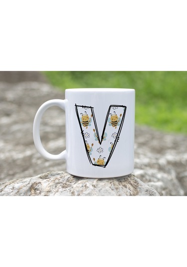 V Harfi Arı Desenli Kupa - Sevimli Hayvan Temalı Kişiye Özel Kahve Kupası - Şans Kupası Beyaz