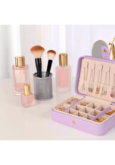 Deri Baklava Desenli Seyahat Takı Bijuteri Mücevher Kutusu Organizer Düzenleyici 16cm Lila İthal Ürü