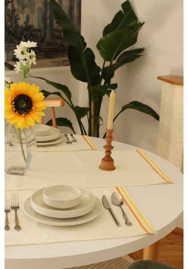 Yakacihome Ziggy 5 Parça 4 Parça Amerikan Servis & 1 Parça Runner Duck Keten Yıkanabilir Leke Tutmaz Set Krem