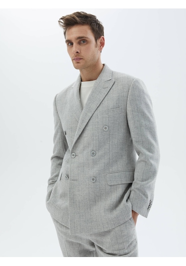 Kip Açık Gri Çizgili Modern Fit Yün Karışımlı Takım Elbise Çok Renkli