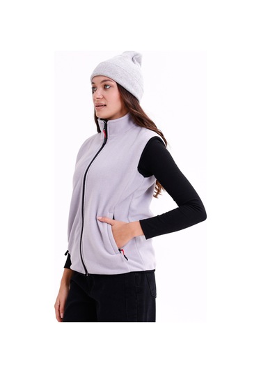 Monox Kadın Slim Fit Tam Fermuarlı Polar Yelek Gri
