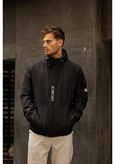 Yarn İçi Astarlı Suya Dayanıklı Kapşonlu Fermuarlı Yağmurluk - Siyah Siyah